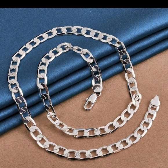 925 Silver 8mm Curb Flat Side Cubin Link Chain Necklace 18" - Picture 3 of 6
